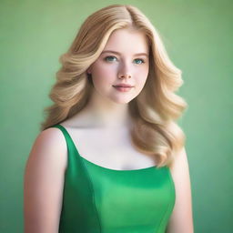 A 17-year-old girl with blonde hair, green eyes, and a fuller figure, wearing a green dress