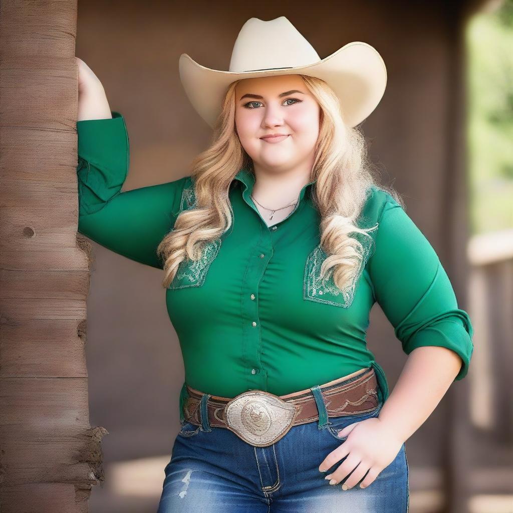 A 17-year-old plus-sized girl with blonde hair and green eyes dressed in a cowboy outfit