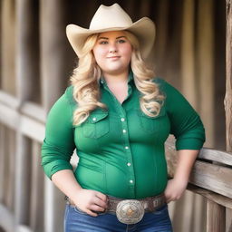 A 17-year-old plus-sized girl with blonde hair and green eyes dressed in a cowboy outfit