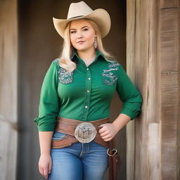 A 17-year-old plus-sized girl with blonde hair and green eyes dressed in a cowboy outfit