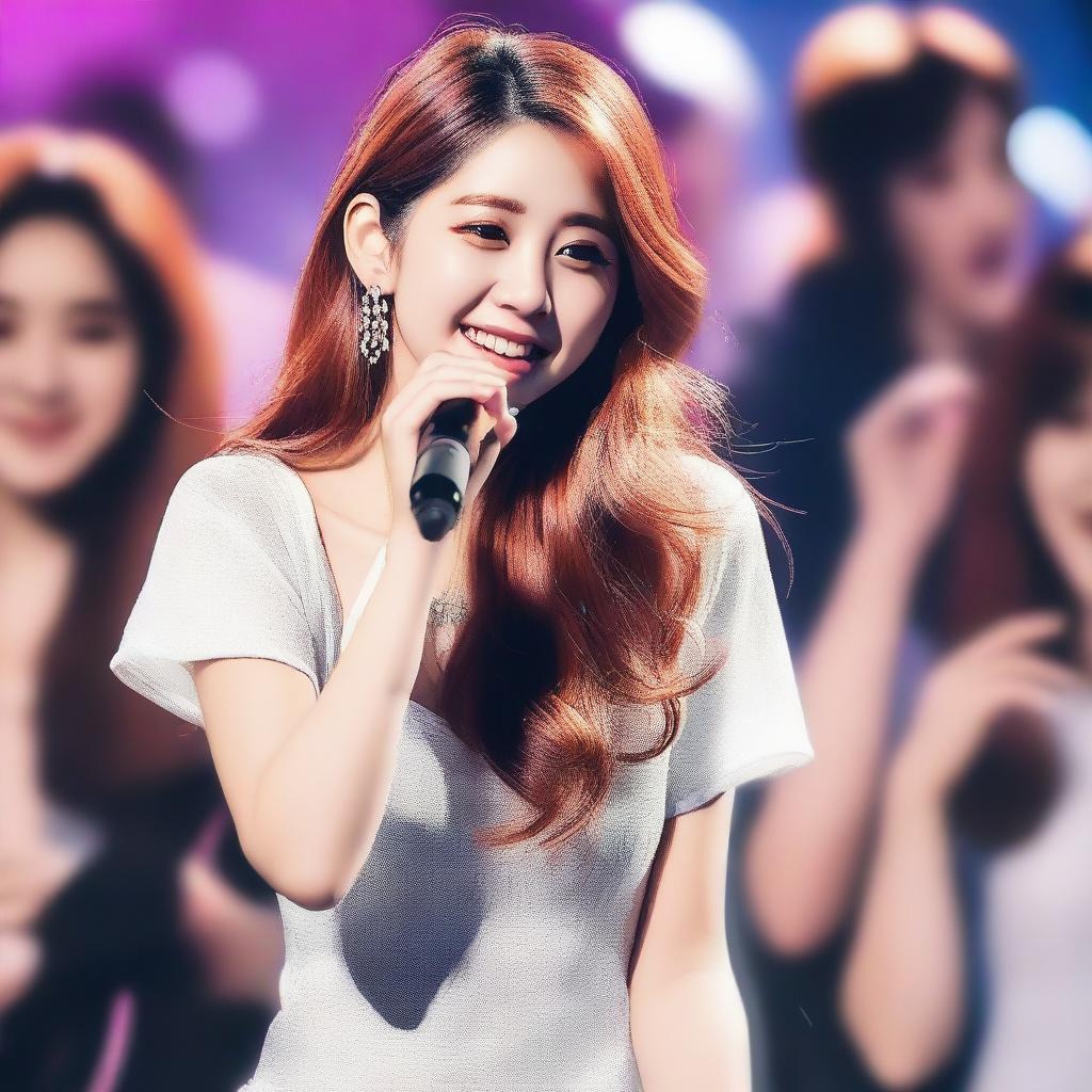 Create a realistic image of a girl who is a KPOP idol, smiling while singing at her concert