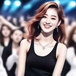 Create a realistic image of a girl who is a KPOP idol, smiling while singing at her concert