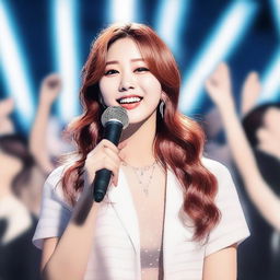 Create a realistic image of a girl who is a KPOP idol, smiling while singing at her concert