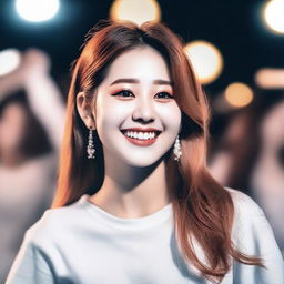 Create a realistic image of a girl who is a KPOP idol, smiling while singing at her concert