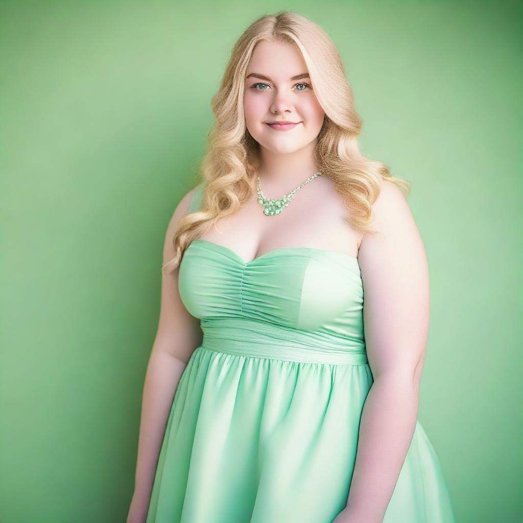 A 17-year-old girl with blonde hair, green eyes, and a fuller figure wearing a pastel green dress