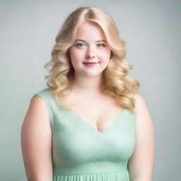 A 17-year-old girl with blonde hair, green eyes, and a fuller figure wearing a pastel green dress