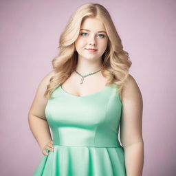 A 17-year-old girl with blonde hair, green eyes, and a fuller figure wearing a pastel green dress