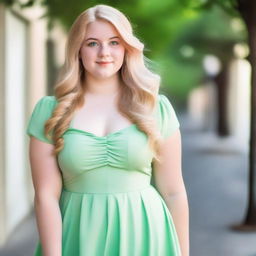 A 17-year-old girl with blonde hair, green eyes, and a fuller figure wearing a pastel green dress