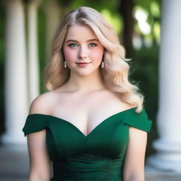 A 17-year-old girl with blonde hair, green eyes, and a fuller figure, wearing a dark green dress