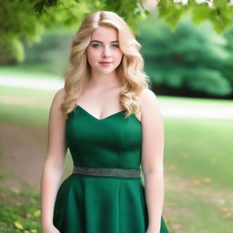 A 17-year-old girl with blonde hair, green eyes, and a fuller figure, wearing a dark green dress