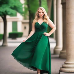 A 17-year-old girl with blonde hair, green eyes, and a fuller figure, wearing a dark green dress