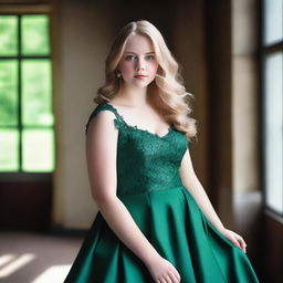 A 17-year-old girl with blonde hair, green eyes, and a fuller figure, wearing a dark green dress