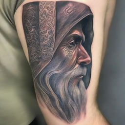 A detailed head shot side profile of a wizard wearing a hood