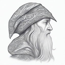 A detailed head shot side profile of a wizard wearing a hood