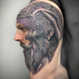 A detailed head shot side profile of a wizard wearing a hood