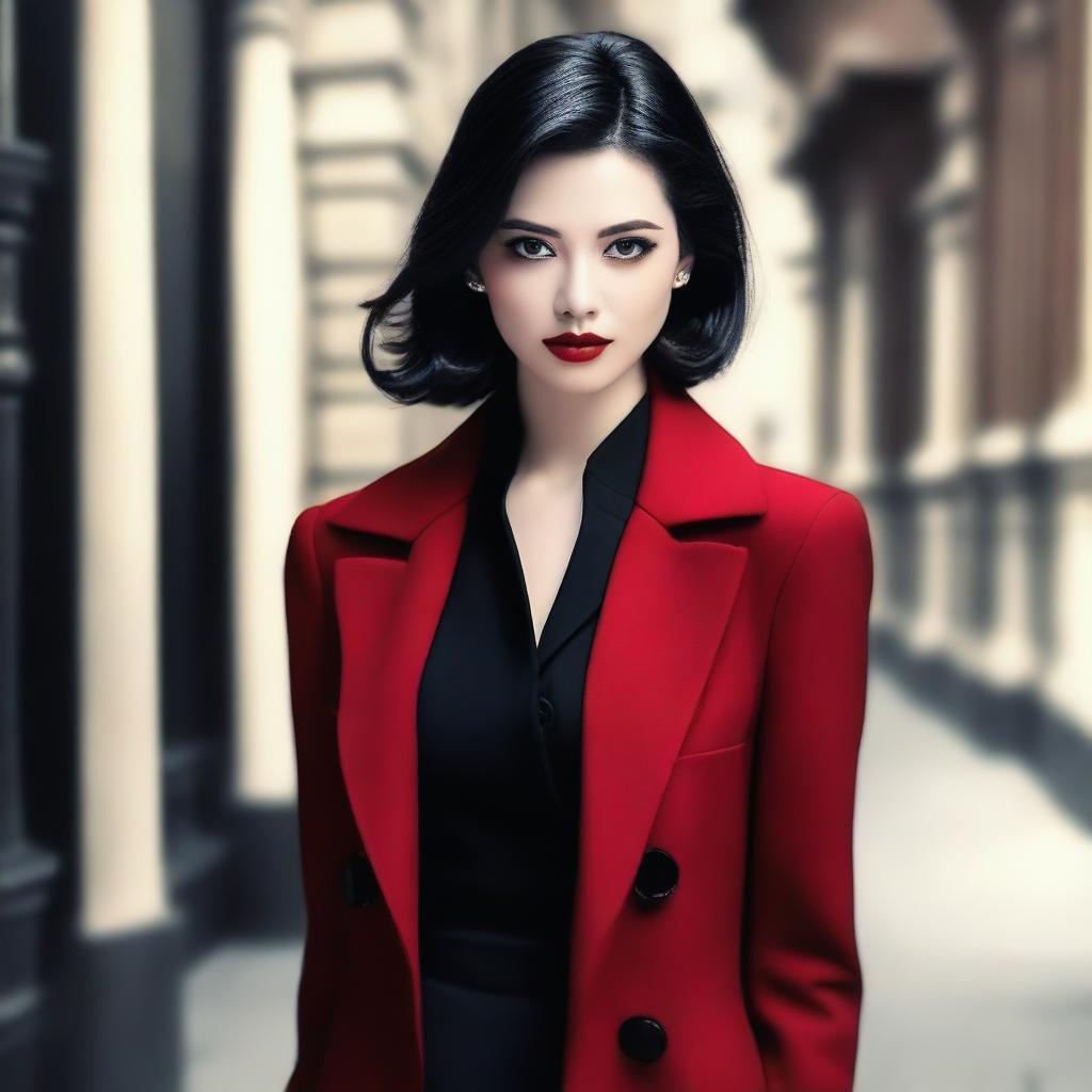 A girl with straight black hair, brown eyes, and perfect lips, giving a mysterious look