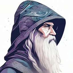 A detailed head shot side profile of a wizard wearing a hood