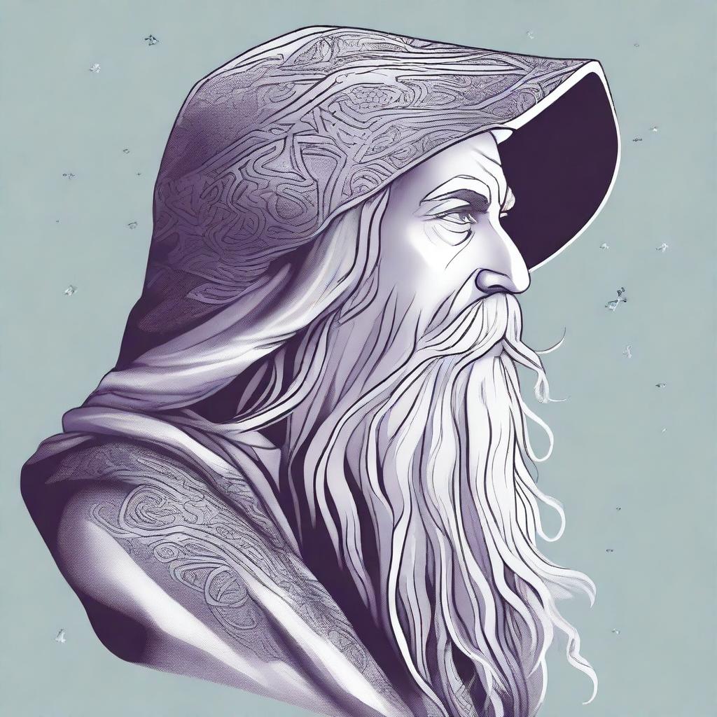 A detailed head shot side profile of a wizard wearing a hood