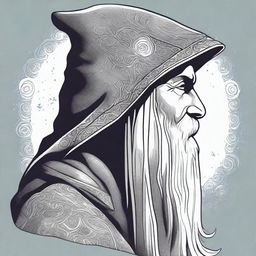 A detailed head shot side profile of a wizard wearing a hood