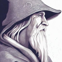 A detailed head shot side profile of a wizard wearing a hood