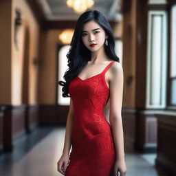 A 17-year-old girl with straight black hair, brown eyes, perfect lips, and mysterious gaze, wearing a red dress and high heels