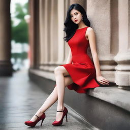 A 17-year-old girl with straight black hair, brown eyes, perfect lips, and mysterious gaze, wearing a red dress and high heels