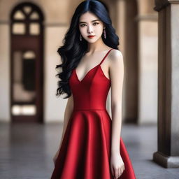 A 17-year-old girl with straight black hair, brown eyes, perfect lips, and mysterious gaze, wearing a red dress and high heels