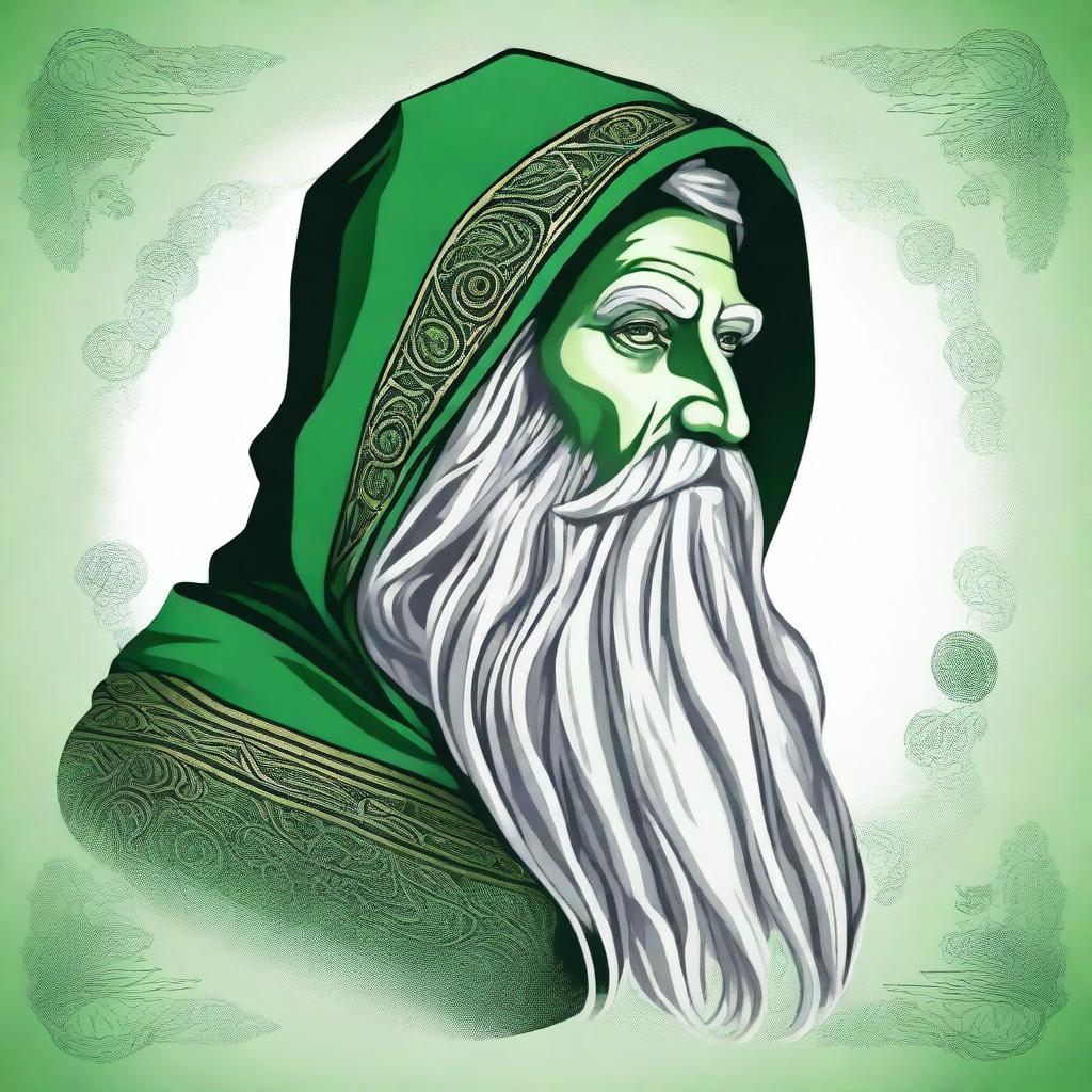 A detailed head shot side profile of a wizard wearing a green hood