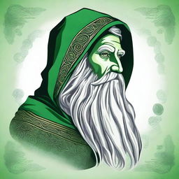 A detailed head shot side profile of a wizard wearing a green hood