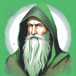 A detailed head shot side profile of a wizard wearing a green hood