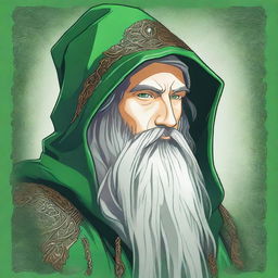 A detailed head shot side profile of a wizard wearing a green hood