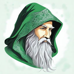 A detailed head shot side profile of a wizard wearing a green hood