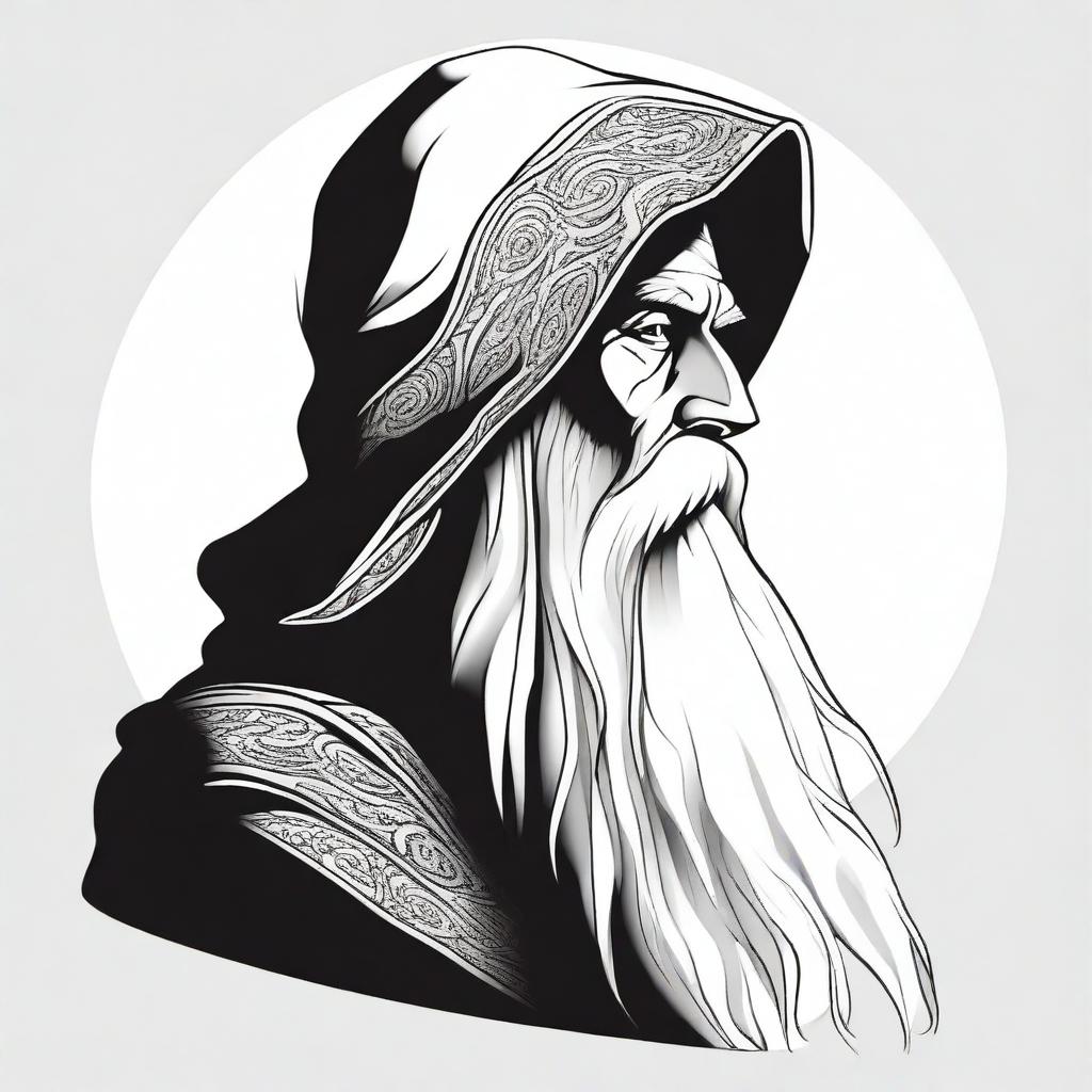 A detailed black and white head shot side profile of a wizard wearing a plain hood