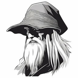 A detailed black and white head shot side profile of a wizard wearing a plain hood