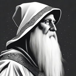 A detailed black and white head shot side profile of a wizard wearing a plain hood