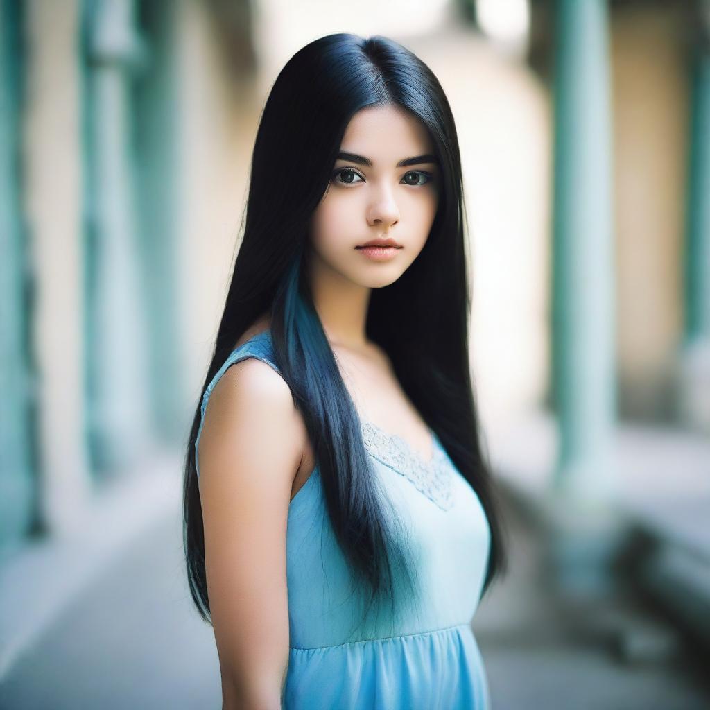 A 17-year-old girl with long, straight black hair, tanned skin, brown eyes, and perfect lips, wearing a baby blue dress