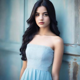 A 17-year-old girl with long, straight black hair, tanned skin, brown eyes, and perfect lips, wearing a baby blue dress