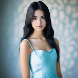 A 17-year-old girl with long, straight black hair, tanned skin, brown eyes, and perfect lips, wearing a baby blue dress