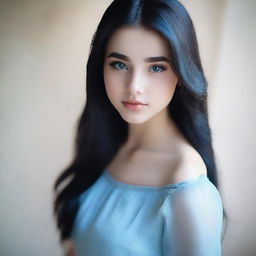 A 17-year-old girl with long, straight black hair, tanned skin, brown eyes, and perfect lips, wearing a baby blue dress