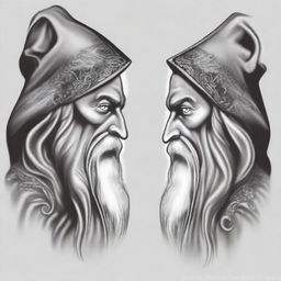 A detailed black and white head shot side profile of a wizard wearing a plain hood