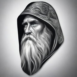 A detailed black and white head shot side profile of a wizard wearing a plain hood