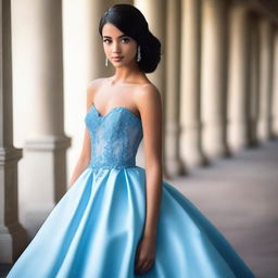 A 17-year-old girl with straight, sleek black hair, tanned skin, brown eyes, perfect lips, and mysterious gaze, wearing a baby blue ball gown