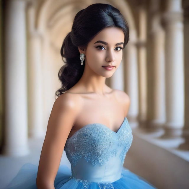 A 17-year-old girl with straight, sleek black hair, tanned skin, brown eyes, perfect lips, and mysterious gaze, wearing a baby blue ball gown