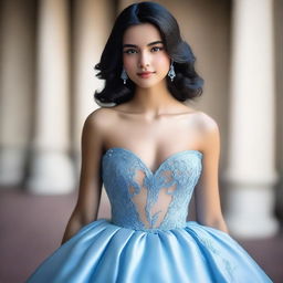 A 17-year-old girl with straight, sleek black hair, tanned skin, brown eyes, perfect lips, and mysterious gaze, wearing a baby blue ball gown