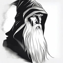 A detailed black and white head shot side profile of a wizard wearing a plain hood