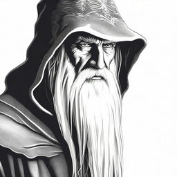 A detailed black and white head shot side profile of a wizard wearing a plain hood