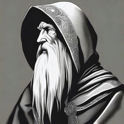 A detailed black and white head shot side profile of a wizard wearing a plain hood