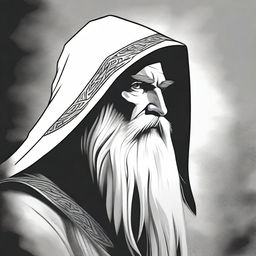 A detailed black and white head shot side profile of a wizard wearing a plain hood