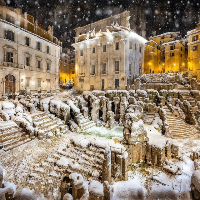 Rome under a rare blanket of snow with landmarks like Colosseum, Spanish Steps and Trevi Fountain transformed into winter spectacles. City life continues with children playing and cafes inviting passersby.