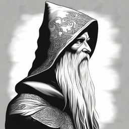 A detailed black and white head shot side profile of a wizard wearing an unadorned hood